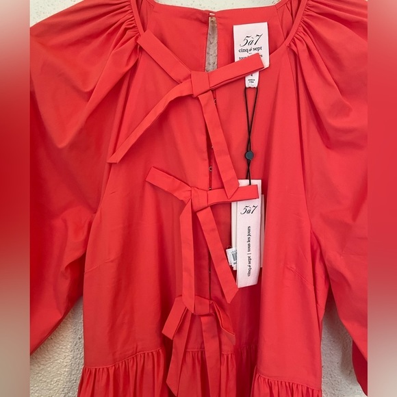 New Cinq a Sept Lynn Tiered Puff Sleeve Mini Dress in Neon Coral Orange | Size 4 - Picture 10 of 12